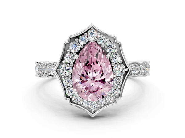 White gold Fancy Pink Pear  Halo Diamond Engagement Ring with Milgrain Band and Four-Prong Setting
