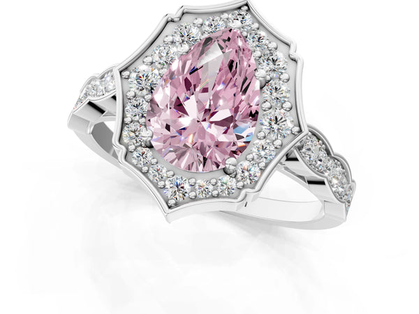 White gold Fancy Pink Pear  Halo Diamond Engagement Ring with Milgrain Band and Four-Prong Setting