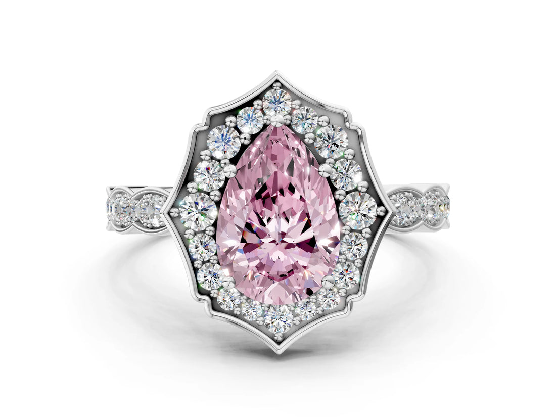 White gold Fancy Pink Pear  Halo Diamond Engagement Ring with Milgrain Band and Four-Prong Setting_88