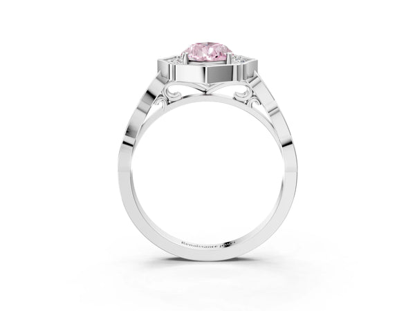 White gold Fancy Pink Pear  Halo Diamond Engagement Ring with Milgrain Band and Four-Prong Setting