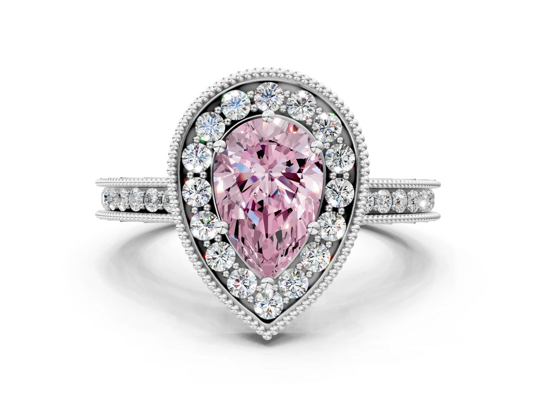 White gold Fancy Pink Pear  Halo Diamond Engagement Ring with Milgrain Pave Band and Four-Prong Setting_135