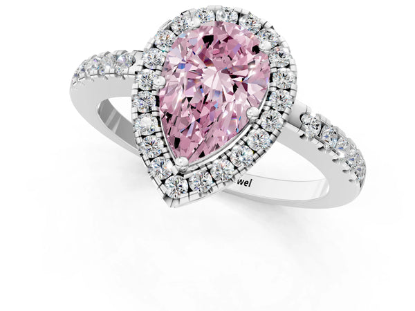 White gold Fancy Pink Pear  Halo Diamond Engagement Ring with Pavé Band and Four-Prong Setting