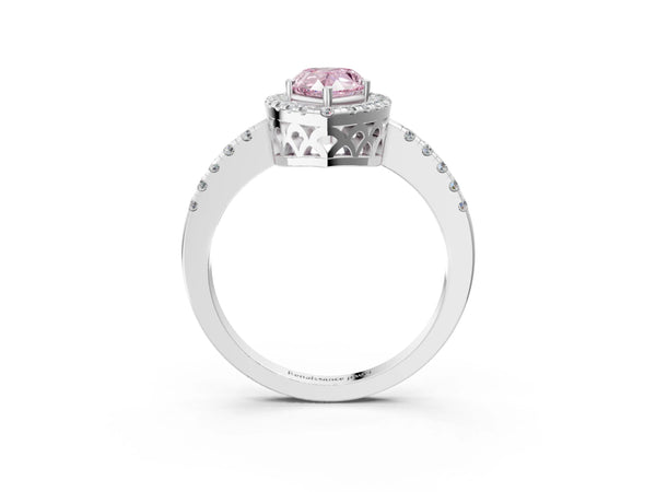 White gold Fancy Pink Pear  Halo Diamond Engagement Ring with Pavé Band and Four-Prong Setting
