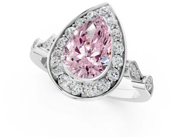 White gold Fancy Pink Pear  Halo Diamond Engagement Ring with Twisted Band and Four-Prong Setting
