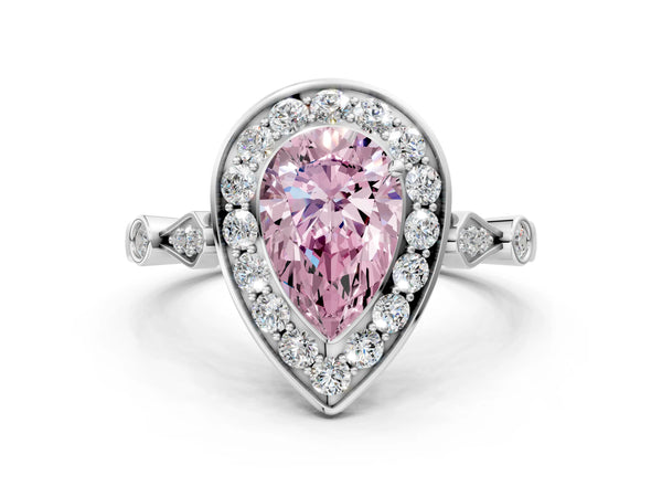White gold Fancy Pink Pear  Halo Diamond Engagement Ring with Twisted Band and Four-Prong Setting