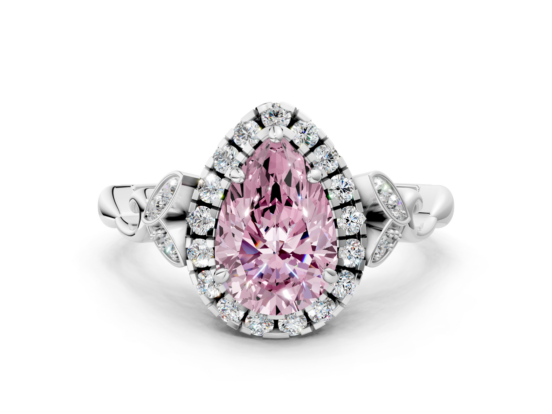 White gold Fancy Pink Pear  Halo Diamond Engagement Ring with Vintage-Inspired Band and Four-Prong Setting_3