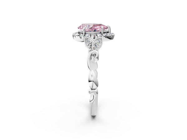 White gold Fancy Pink Pear  Halo Diamond Engagement Ring with Vintage-Inspired Band and Four-Prong Setting