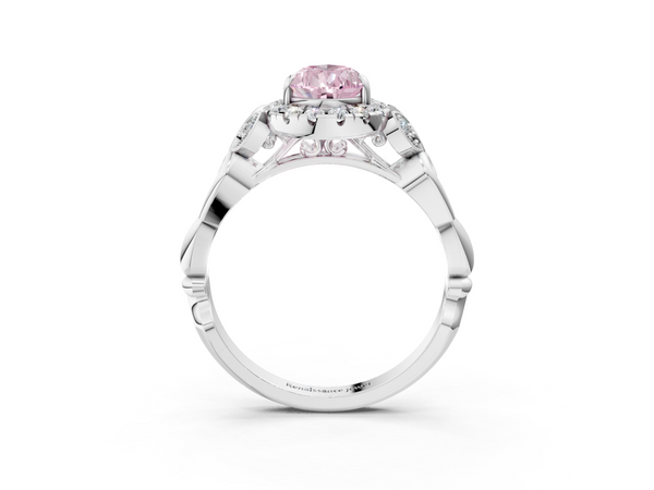 White gold Fancy Pink Pear  Halo Diamond Engagement Ring with Vintage-Inspired Band and Four-Prong Setting