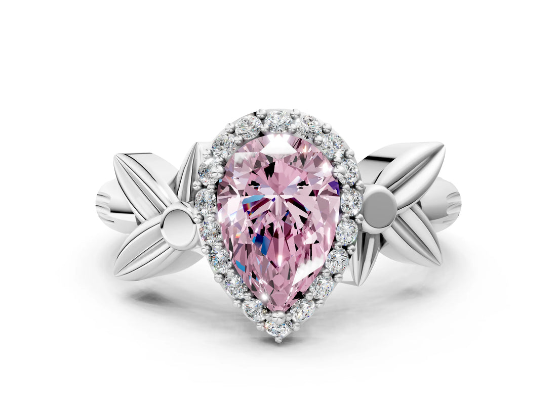 White gold Fancy Pink Pear  Halo Diamond Floral Band with Four-Prong Setting_54