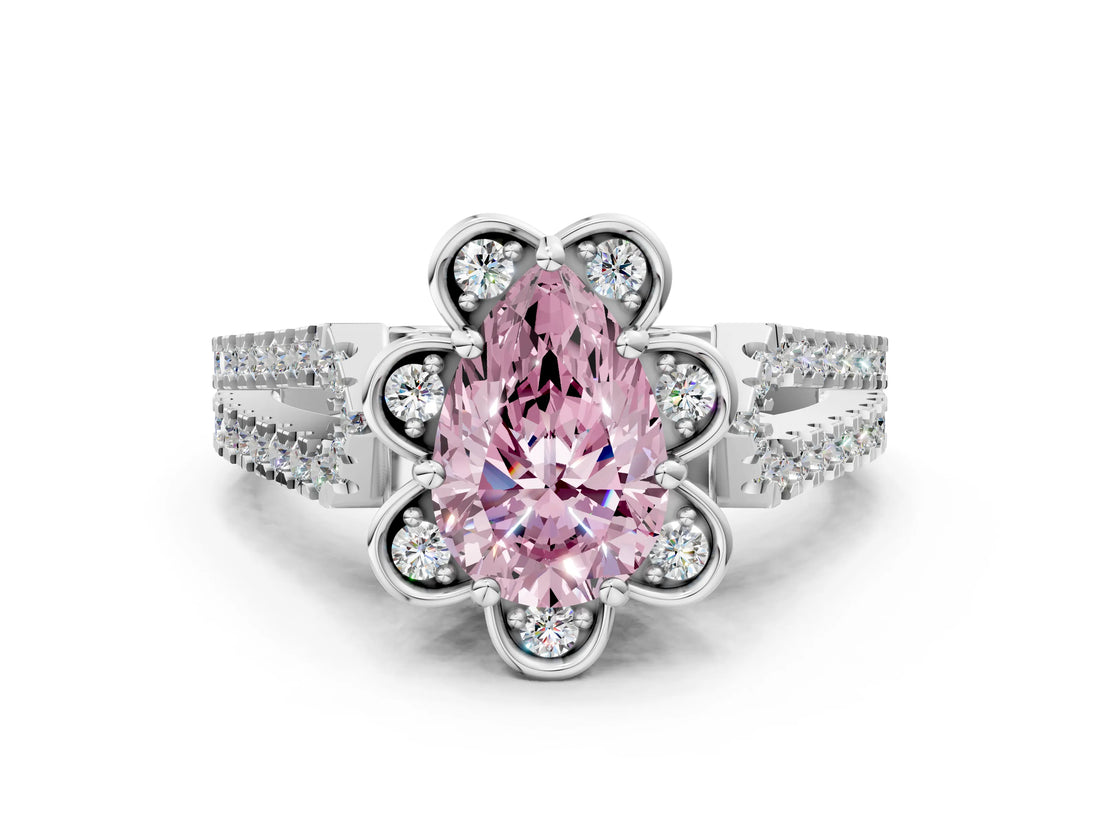 White gold Fancy Pink Pear  Halo Diamond Floral Split Shank Engagement Ring