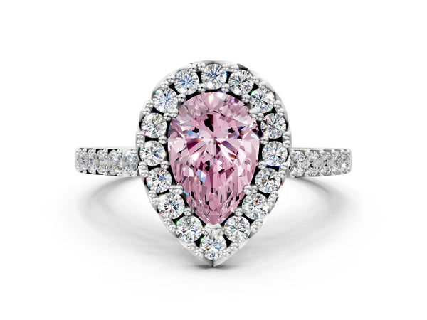 White gold Fancy Pink Pear  Halo Diamond Pavé Solitaire Ring