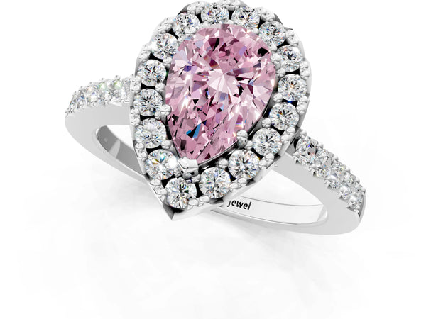 White gold Fancy Pink Pear  Halo Diamond Pavé Solitaire Ring