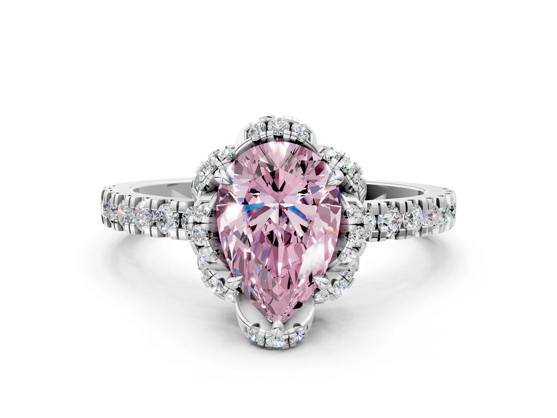 White gold Fancy Pink Pear  Halo Diamond Pave Band Ring with Four-Prong Setting_15