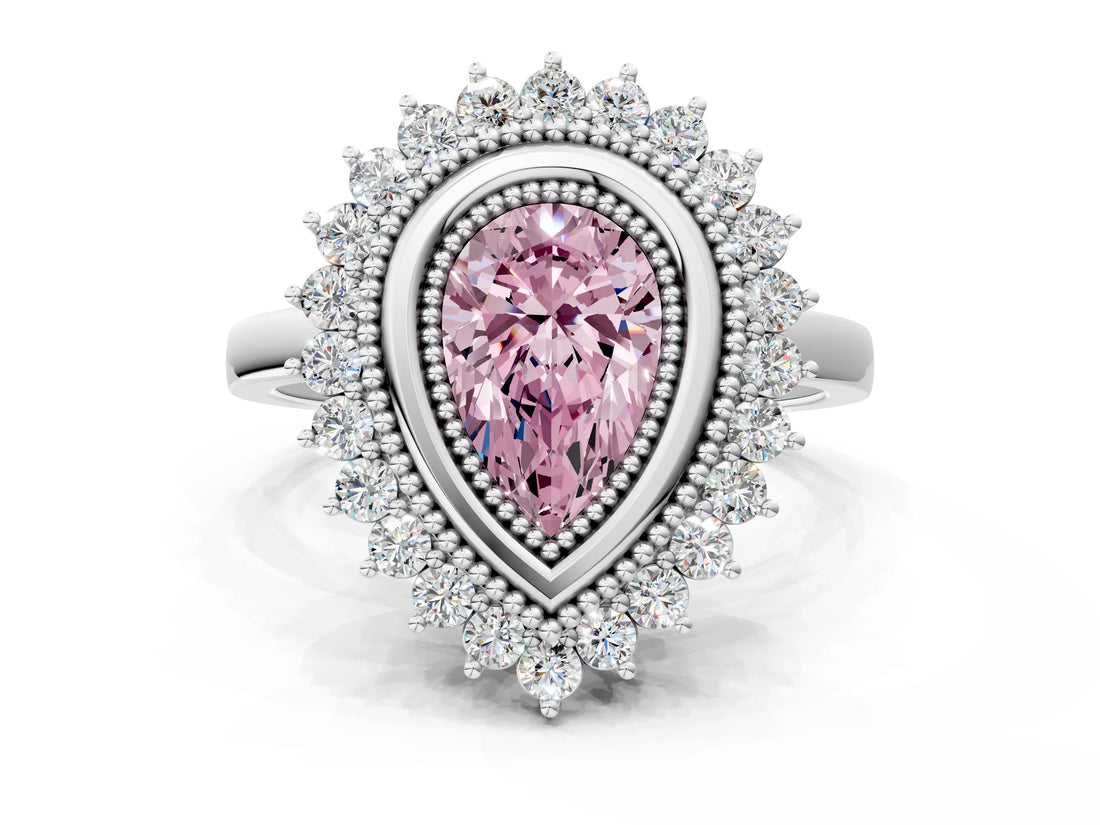 White gold Fancy Pink Pear  Halo Diamond Ring with Milgrain Edge and Round Prong Setting_39
