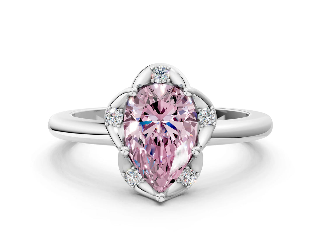 White gold Fancy Pink Pear  Halo Diamond Ring with Round Cluster Setting, Solitaire Band, and Four-Prong Setting_85