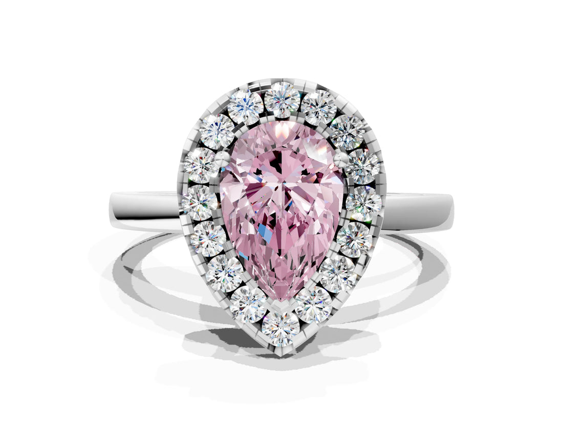 White gold Fancy Pink Pear  Halo Diamond Solitaire with Pavé Band and Four-Prong Setting_89