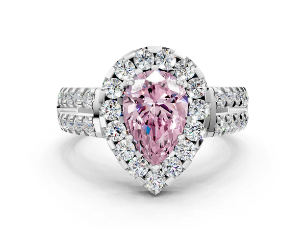 Platinum Fancy Pink Pear  Halo Diamond Split Shank Engagement Ring with Prong Setting