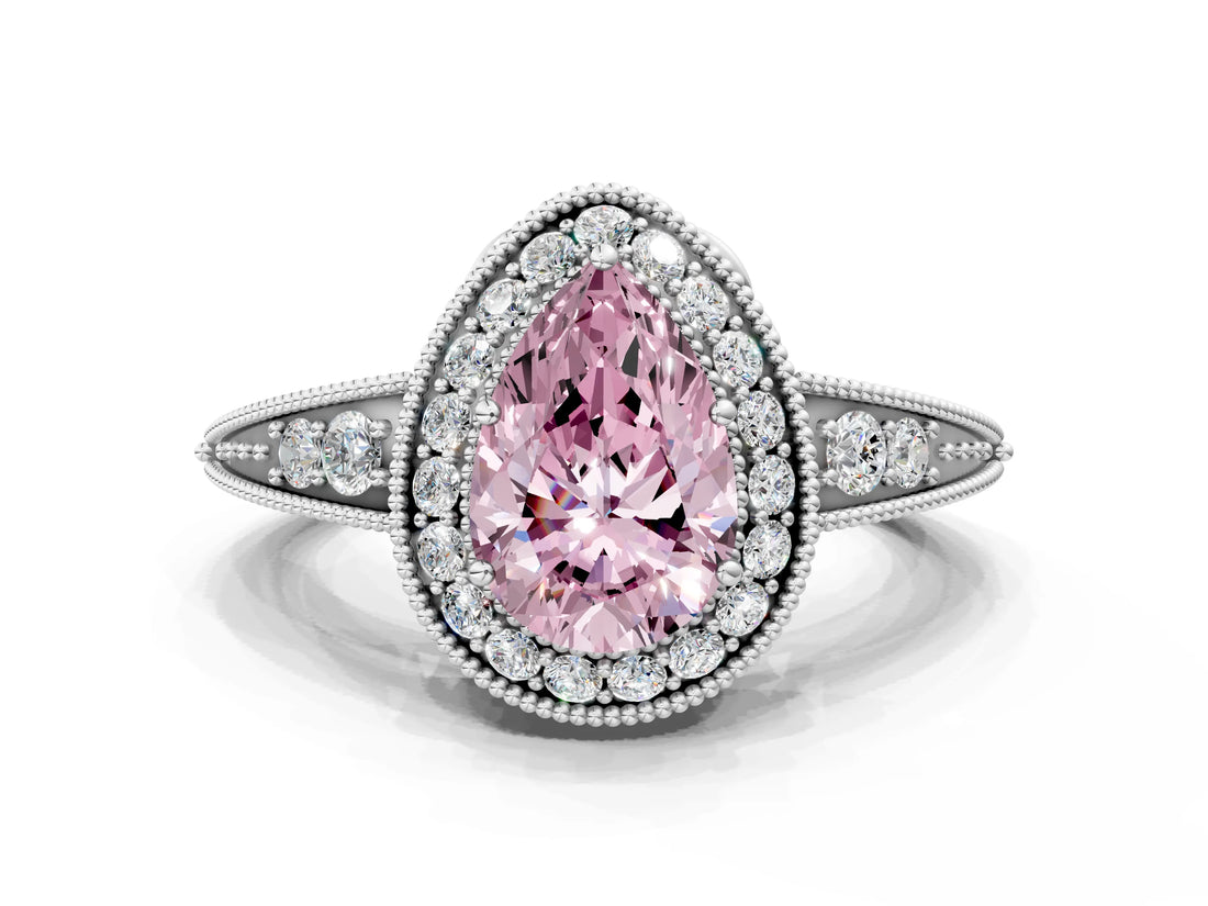 White gold Fancy Pink Pear  Halo Diamond Split Shank Ring with Milgrain Detail_49