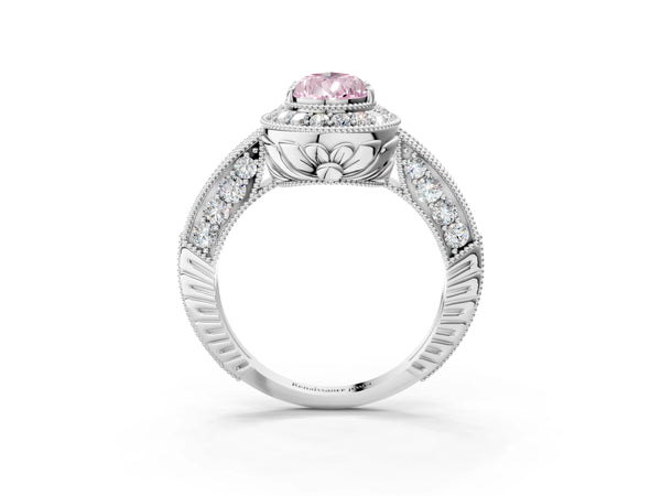 White gold Fancy Pink Pear  Halo Diamond Split Shank Ring with Milgrain Detail