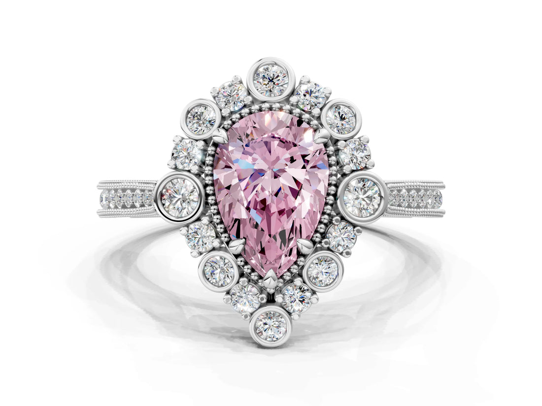 White gold Fancy Pink Pear  Halo Milgrain Pave Diamond Ring with Four-Prong Setting