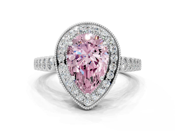 Platinum Fancy Pink Pear  Halo Milgrain Solitaire with Bezel Set Side Stones and Pave Band