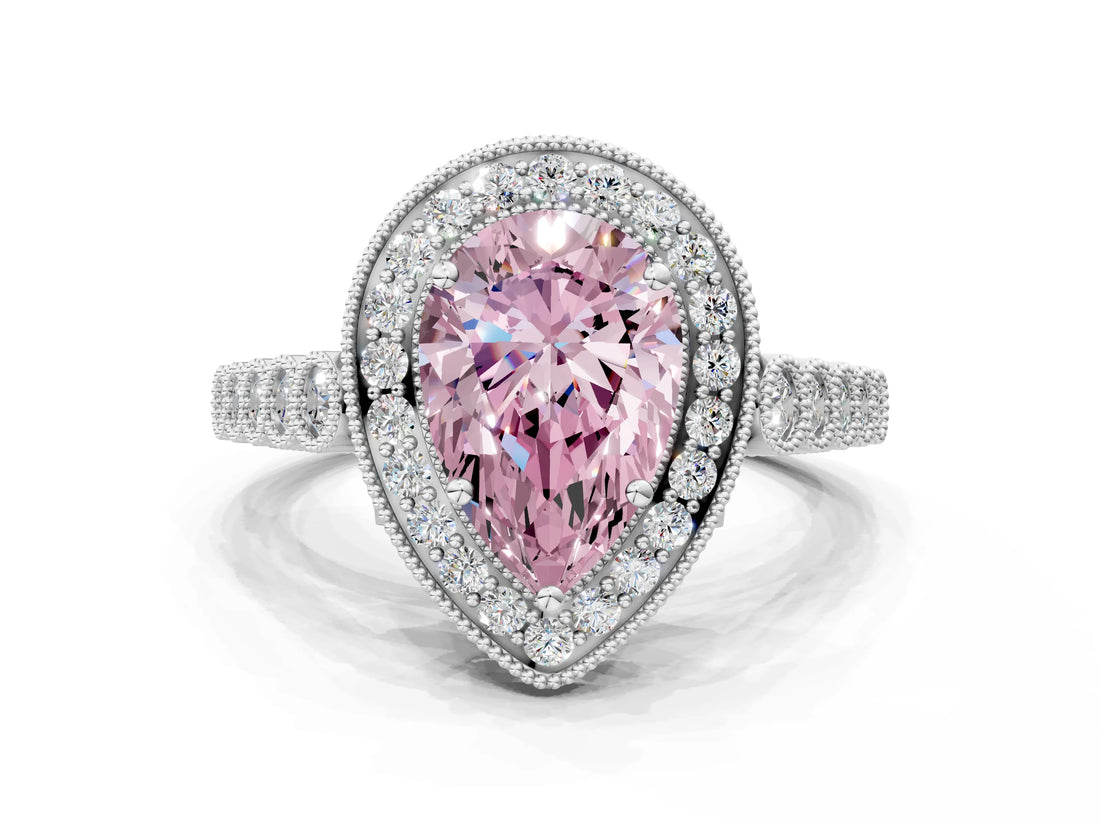 White gold Fancy Pink Pear  Halo Milgrain Solitaire with Bezel Set Side Stones and Pave Band_32