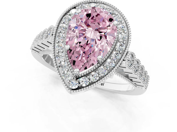 Platinum Fancy Pink Pear  Halo Milgrain Solitaire with Bezel Set Side Stones and Pave Band