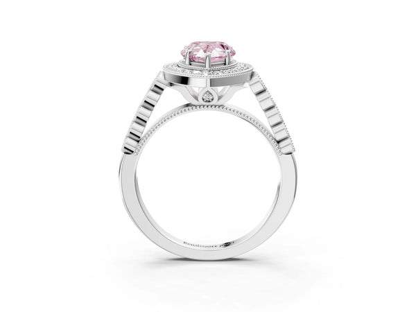 Platinum Fancy Pink Pear  Halo Milgrain Solitaire with Bezel Set Side Stones and Pave Band