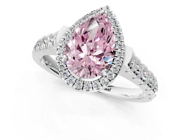 White gold Fancy Pink Pear  Halo Pavé Diamond Engagement Ring with Four-Prong Setting