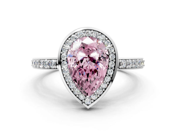 White gold Fancy Pink Pear  Halo Pave Band Solitaire Ring with Prong Setting