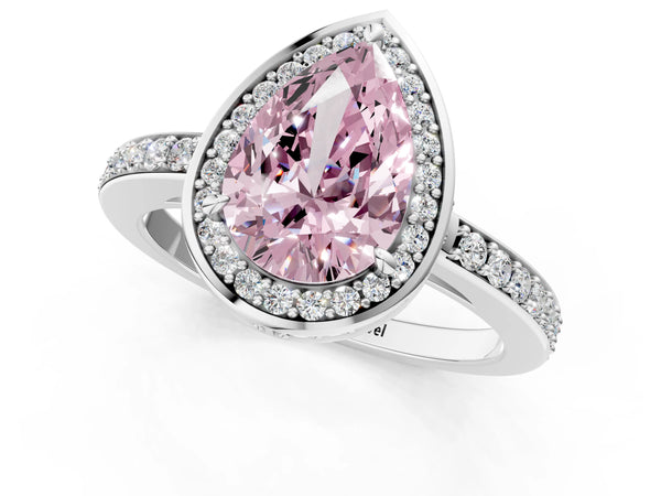 White gold Fancy Pink Pear  Halo Pave Band Solitaire Ring with Prong Setting