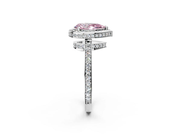 White gold Fancy Pink Pear  Halo Pave Band Solitaire Ring with Prong Setting