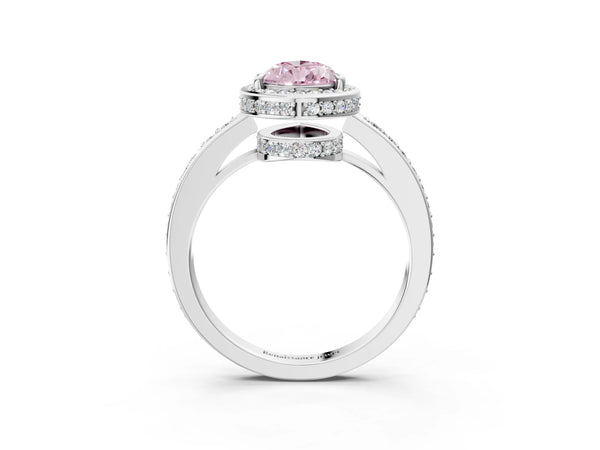 White gold Fancy Pink Pear  Halo Pave Band Solitaire Ring with Prong Setting