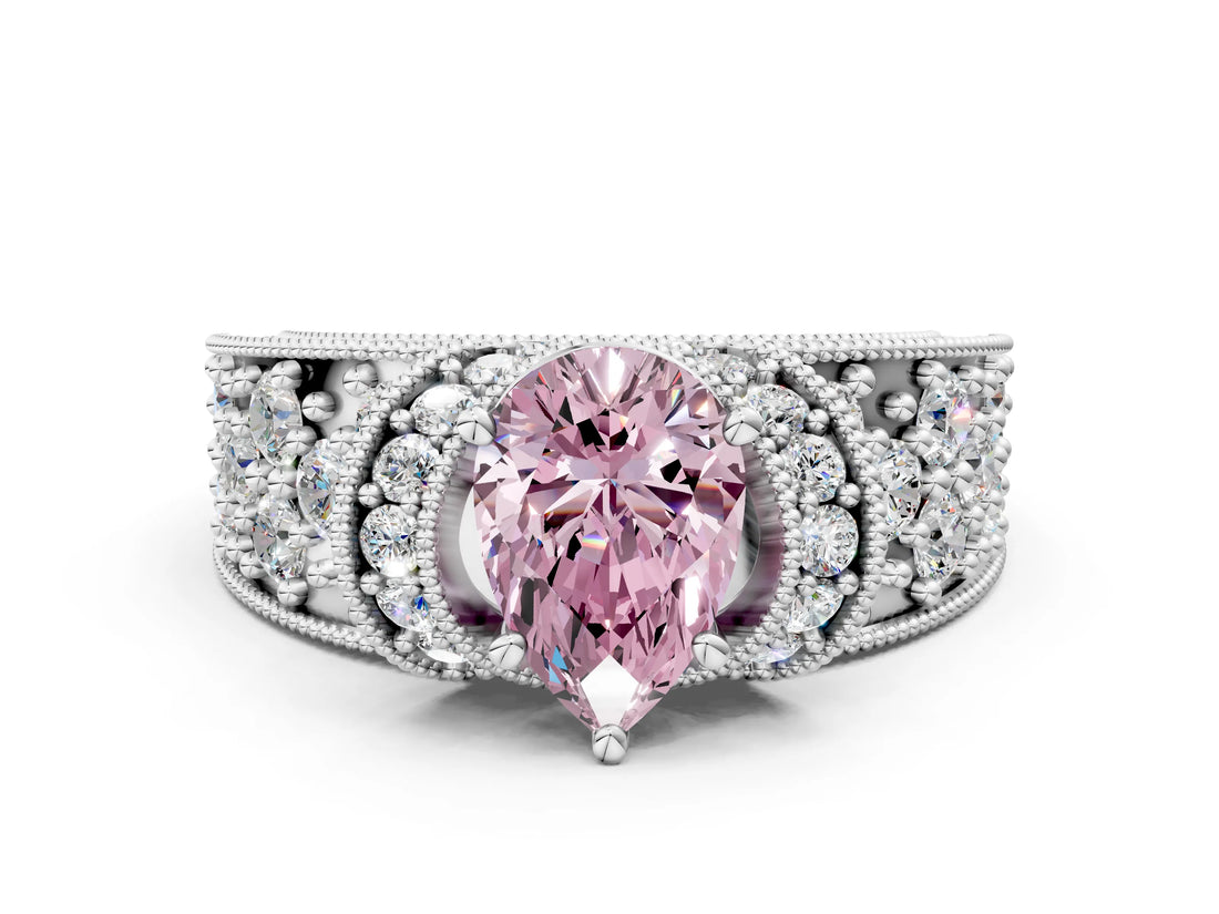 White gold Fancy Pink Pear  Halo Pave Diamond Engagement Ring with Milgrain Detailing_49