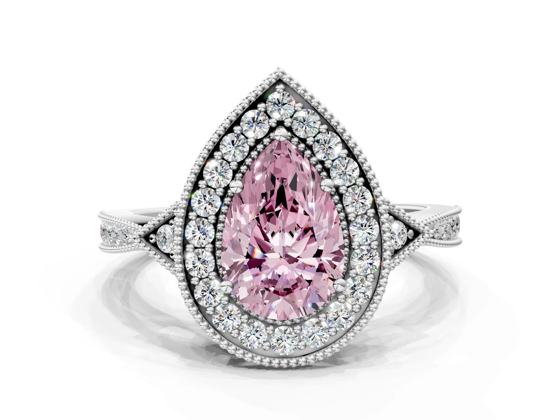 White gold Fancy Pink Pear  Halo Round Diamond Milgrain Pave Engagement Ring_3