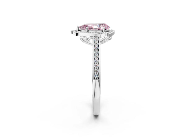 White gold Fancy Pink Pear  Halo Round Diamond Pave Band with Four-Prong Setting