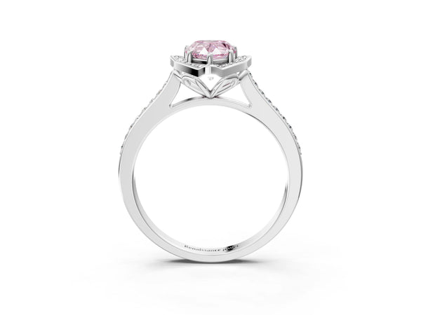 White gold Fancy Pink Pear  Halo Round Diamond Pave Band with Four-Prong Setting