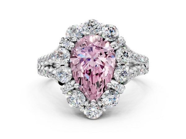 Platinum Fancy Pink Pear  Halo Split Shank Diamond Engagement Ring with Pave Band and Four-Prong Setting