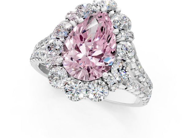 Platinum Fancy Pink Pear  Halo Split Shank Diamond Engagement Ring with Pave Band and Four-Prong Setting