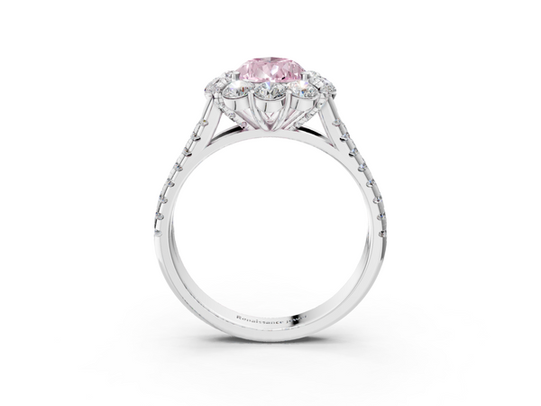 Platinum Fancy Pink Pear  Halo Split Shank Diamond Engagement Ring with Pave Band and Four-Prong Setting
