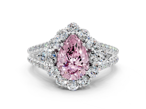 White gold Fancy Pink Pear  Halo Split Shank Diamond Engagement Ring with Prong Setting