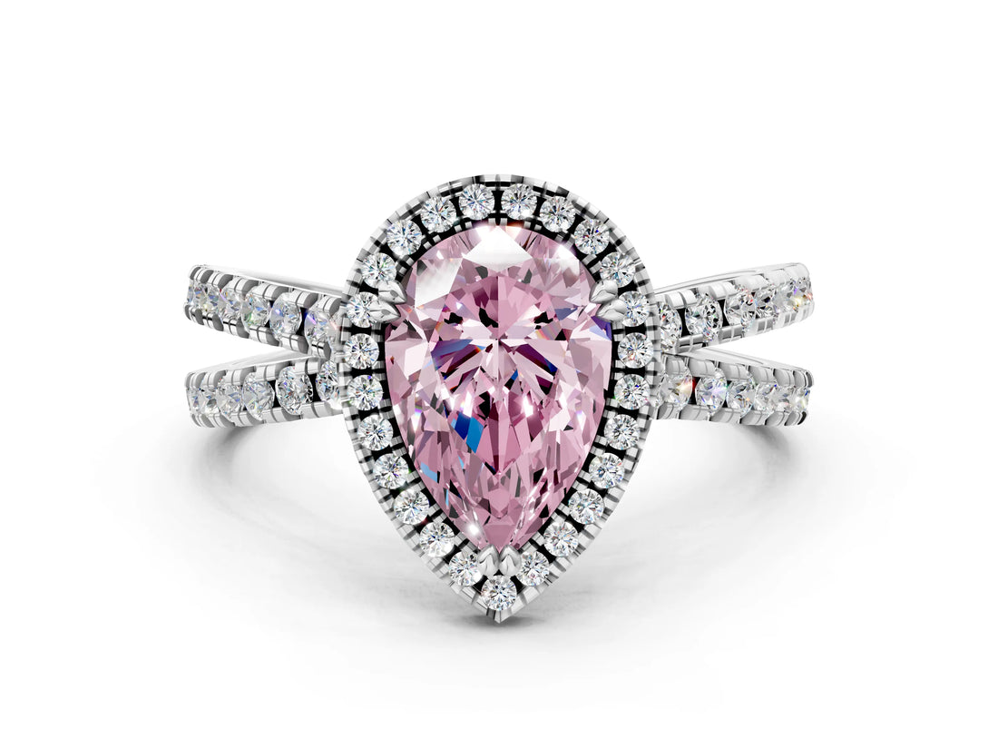 White gold Fancy Pink Pear  Halo Split Shank Diamond Ring with Pavé Setting_26