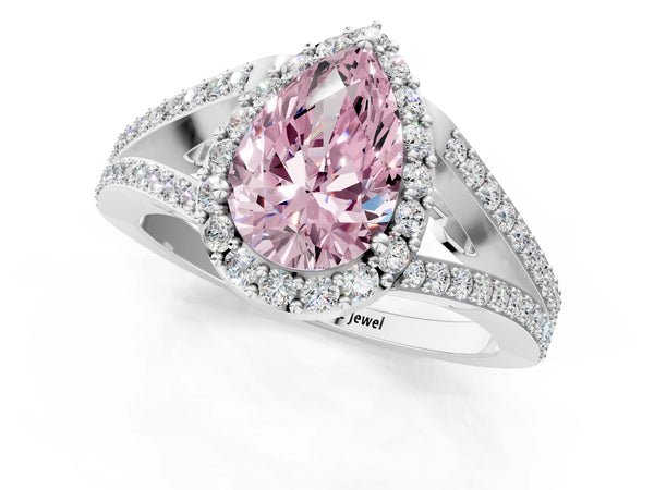 Platinum Fancy Pink Pear  Halo Split Shank Pave Diamond Ring with Four-Prong Setting