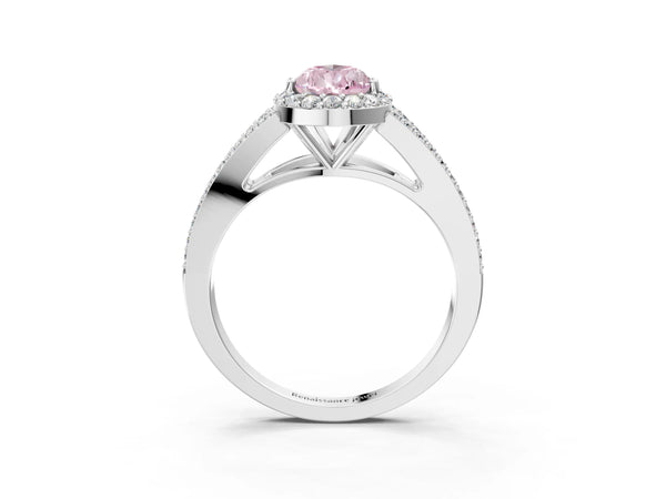 Platinum Fancy Pink Pear  Halo Split Shank Pave Diamond Ring with Four-Prong Setting