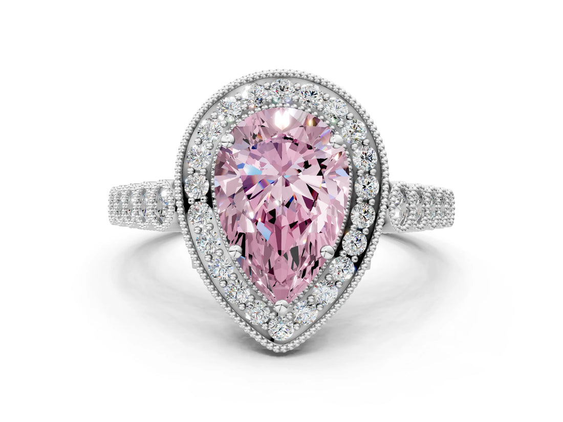 White gold Fancy Pink Pear  Halo Twist Band Solitaire Ring with Six-Prong Setting_32