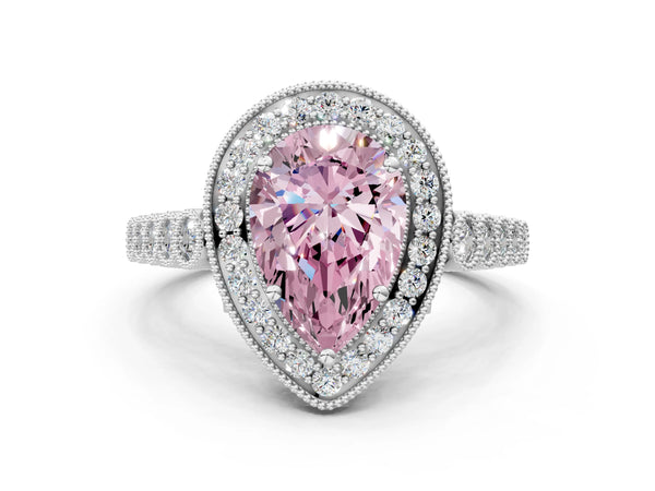 White gold Fancy Pink Pear  Halo Twist Band Solitaire Ring with Six-Prong Setting