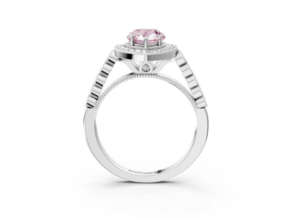 White gold Fancy Pink Pear  Halo Twist Band Solitaire Ring with Six-Prong Setting