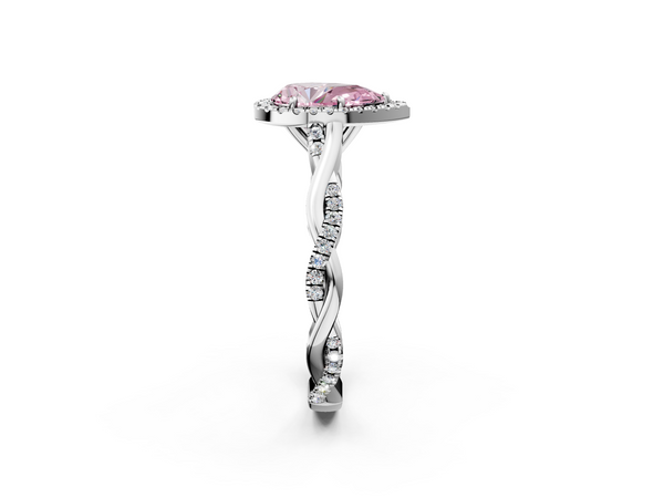 White gold Fancy Pink Pear  Halo Twist Band Solitaire Ring
