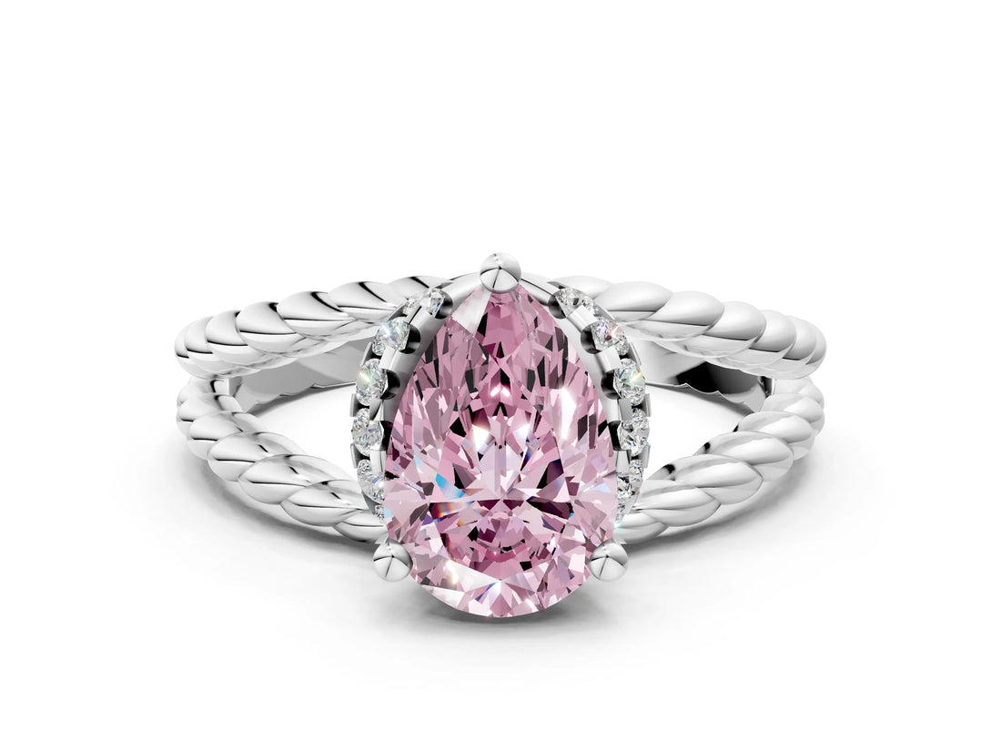 White gold Fancy Pink Pear  Halo Twisted Band Four-Prong Ring_32