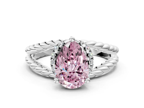 White gold Fancy Pink Pear  Halo Twisted Band Four-Prong Ring